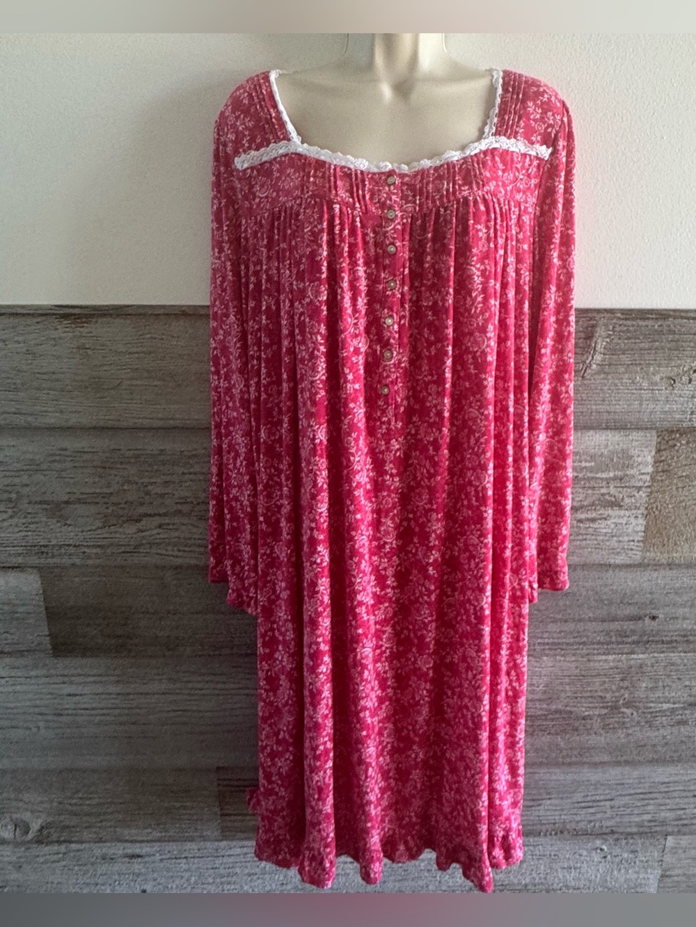 Eileen West Deep Pink Floral Lace Trim Nightgown Sleep Dress Medium (E1)